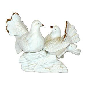 Vintage White Bisque Porcelain Lovebird Dove Figurine Gold Trim Wedding Peace